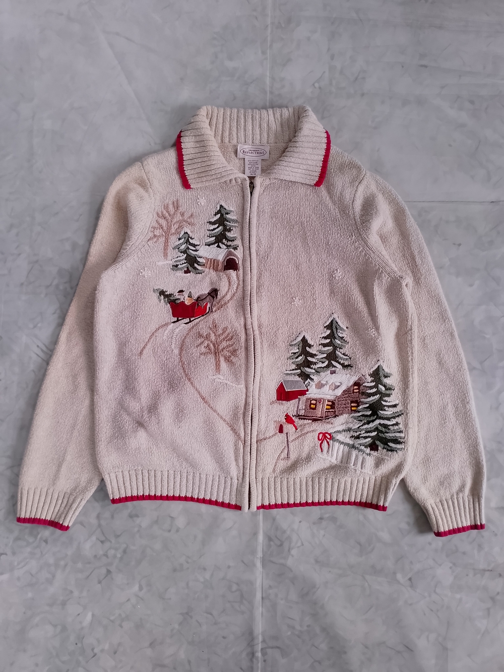 Vintage Cozy Cream Winter Scene Zip-Front Sweater Winterscape - Picture 1 of 10